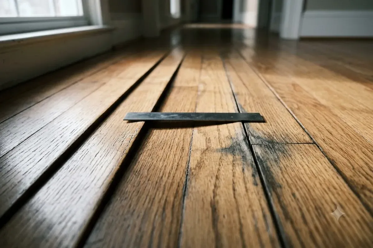 Cupped and stained hardwood boards from a leak in a Bakersfield, CA home