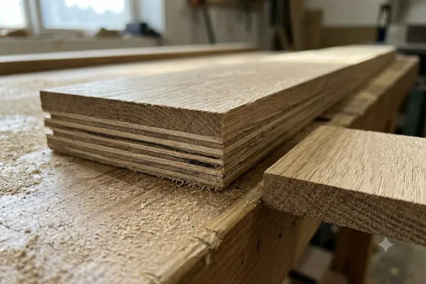 Cut end of an engineered hardwood plank showing the core layers