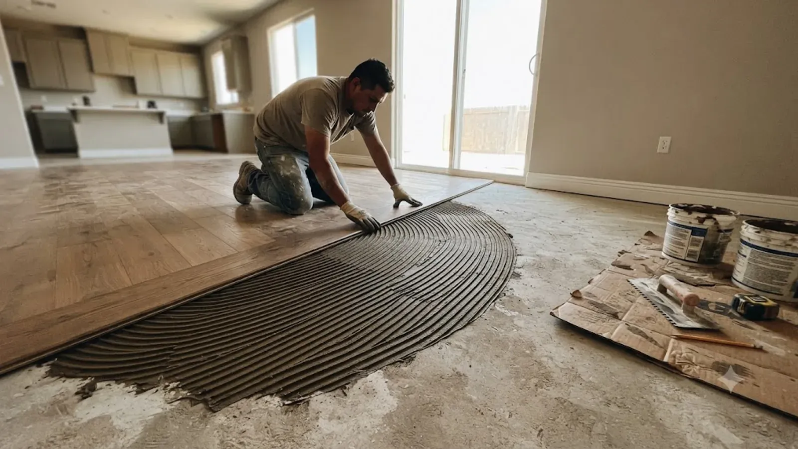 Engineered wood flooring being glued down over a slab in Bakersfield, CA