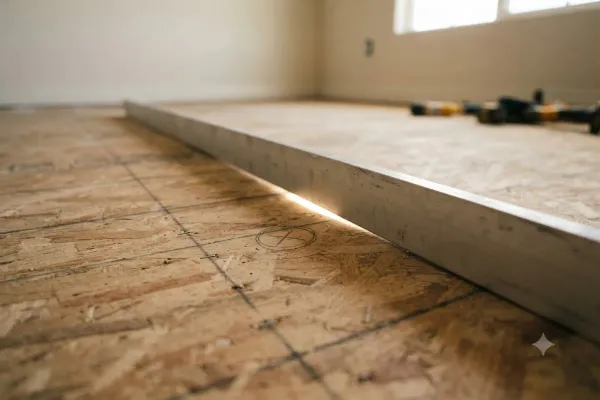 Straightedge check for floor flatness before installation in Bakersfield, CA