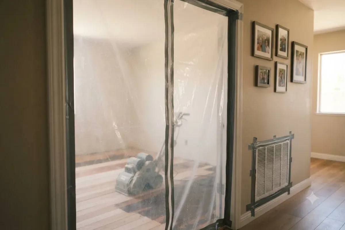 Dust containment sheeting sealing a doorway during floor sanding in Bakersfield, CA