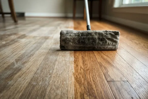 Cleaning product residue being lifted off a hardwood floor in Bakersfield, CA
