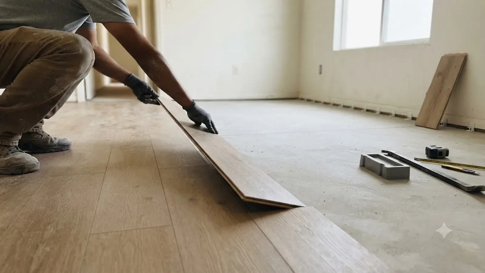 Luxury vinyl plank flooring being installed in a Bakersfield, CA home