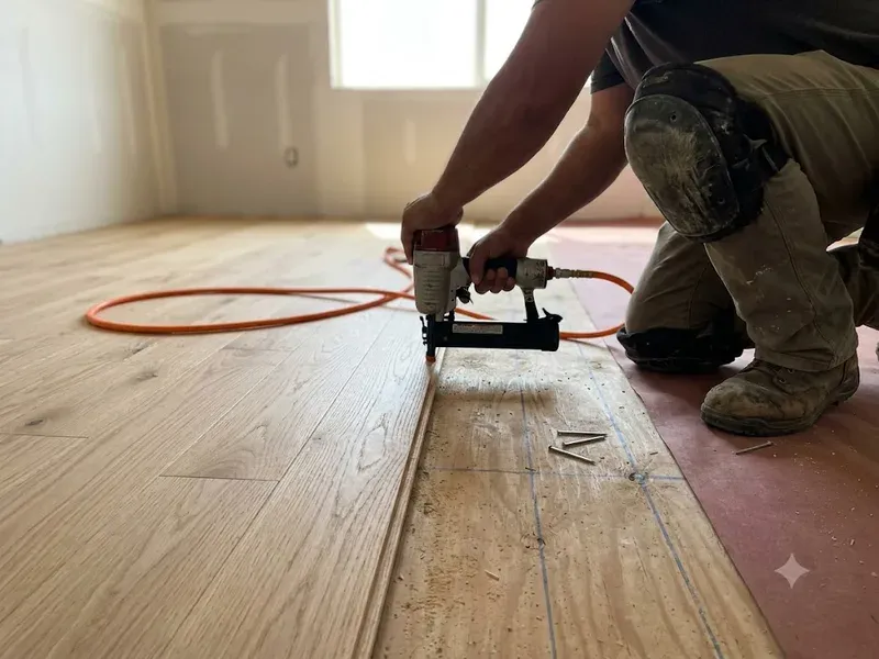 Nail-down hardwood installation over a plywood subfloor in Bakersfield