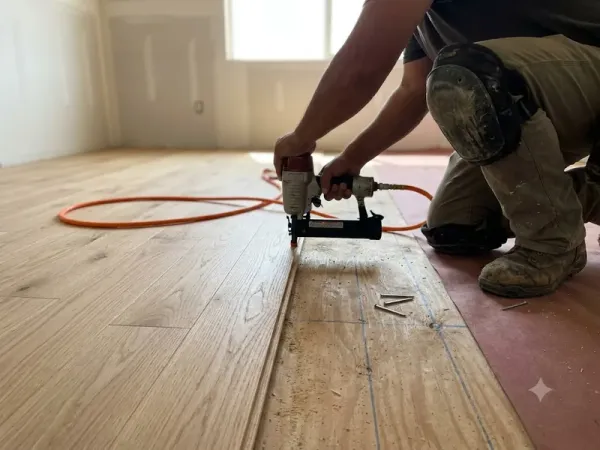 Nail-down hardwood installation over a plywood subfloor in Bakersfield