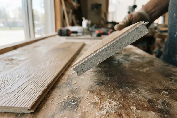 Close-up of a rigid-core vinyl plank edge and wear layer