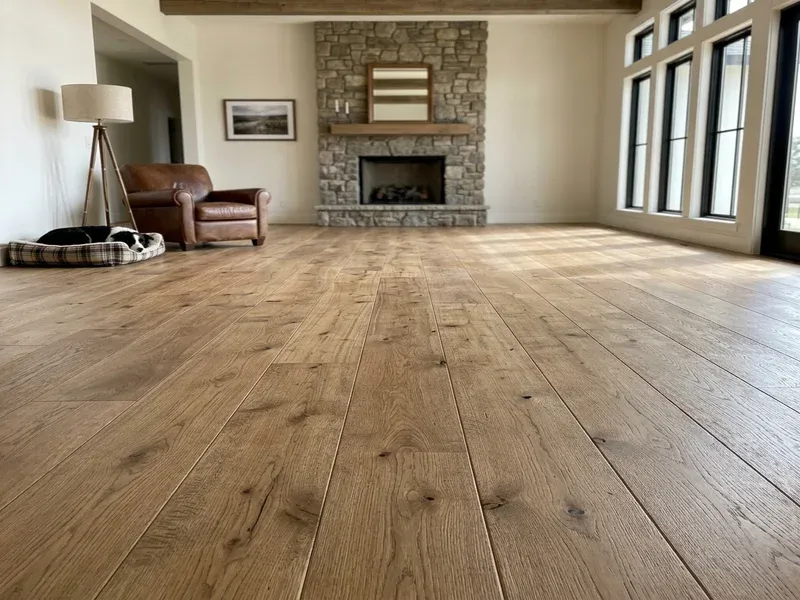 Wide plank white oak flooring in a Bakersfield great room