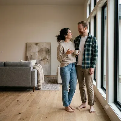 Seven Oaks couple standing on their new wide plank floor in Bakersfield