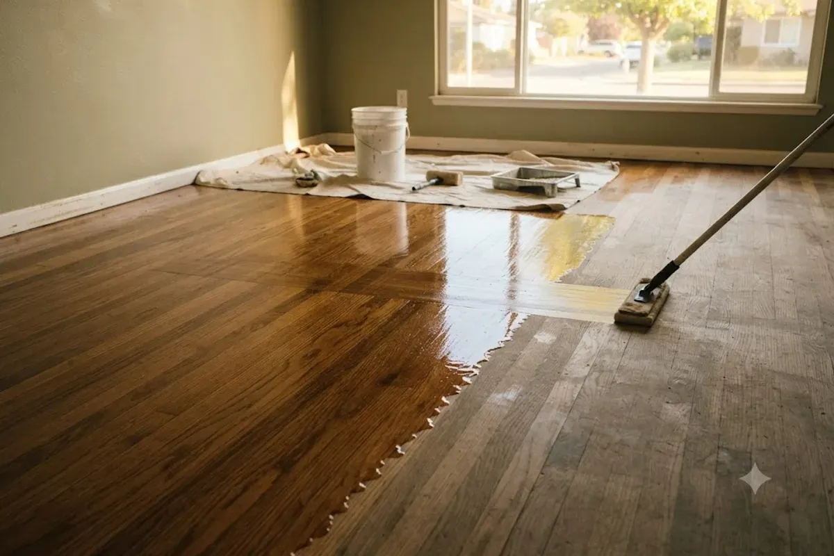 Fresh topcoat rolled onto an existing wood floor in Bakersfield, CA