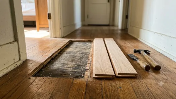 Damaged hardwood boards being replaced during a floor repair in Bakersfield, CA