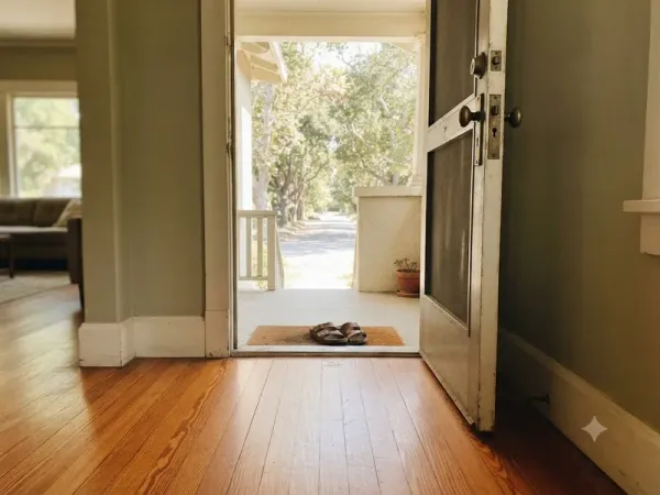 Restored hardwood entry inside an Oleander-Sunset bungalow, Bakersfield CA
